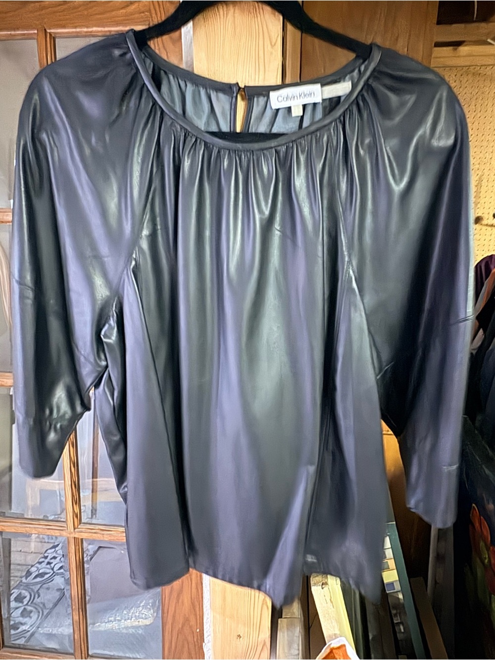 Calvin Klein Shiny Black Faux-Leather Scoop Neck Blouse